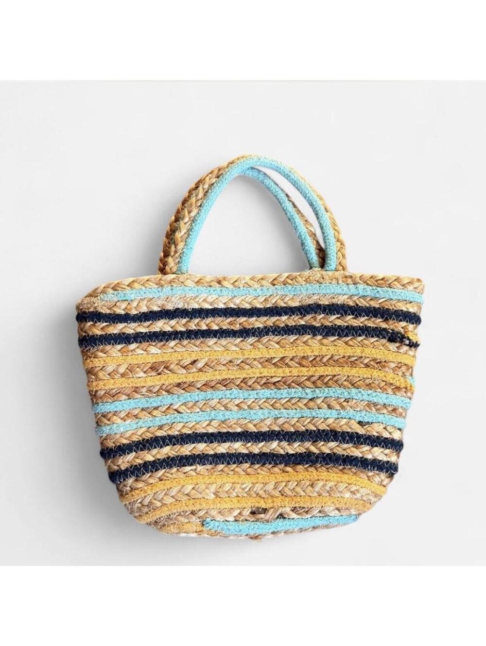Multicolor straw tote purse with blue and yellow stripes